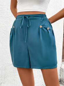 SHEIN LUNE Women's Solid Color Waist Tie Loose Shorts With Pockets - Blue - View 3