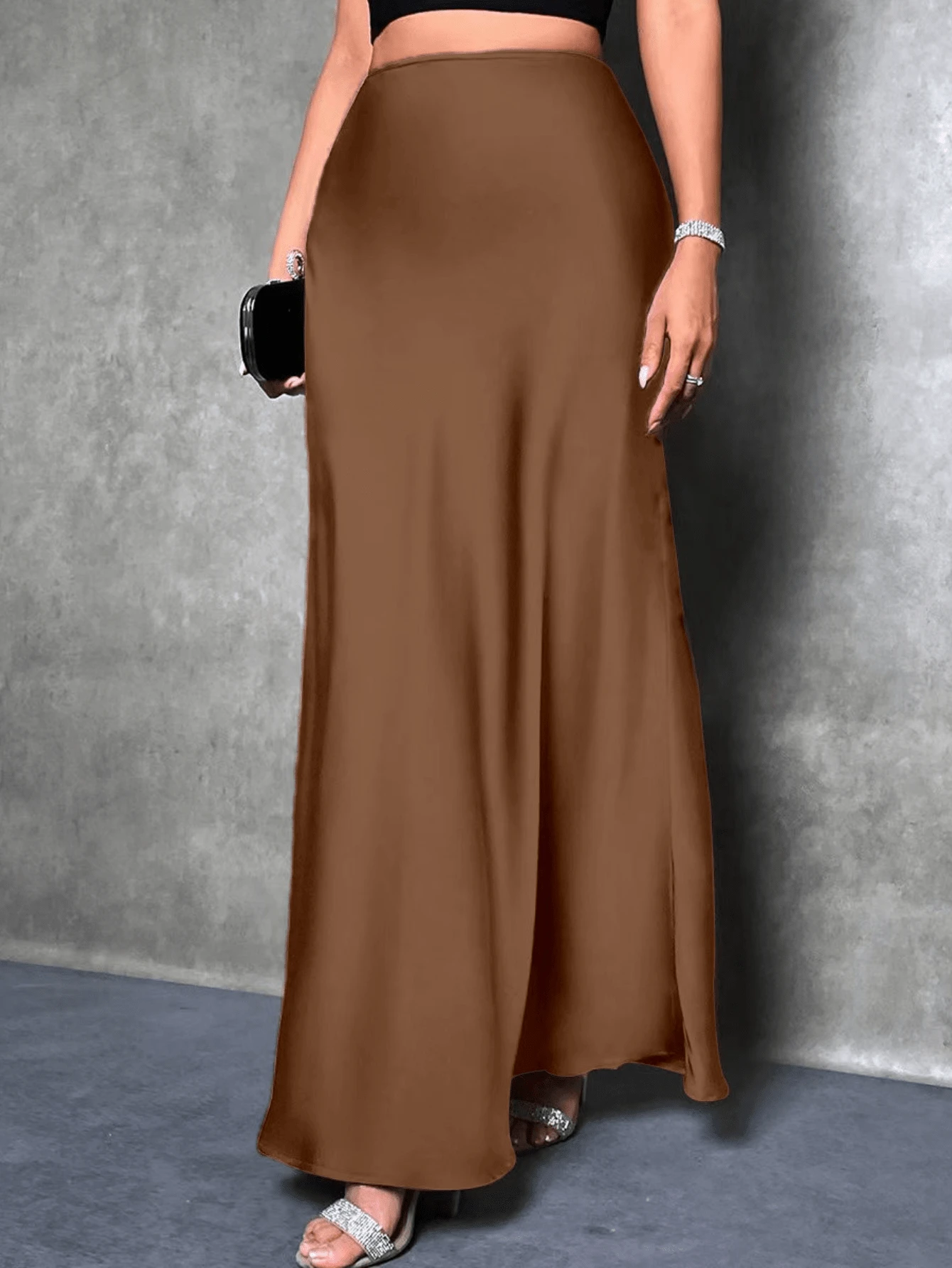 Glamine Women's Satin Floor-Length Mermaid Skirt, Versatile Daily Wear Brown Skirt - Rust Brown - View 1