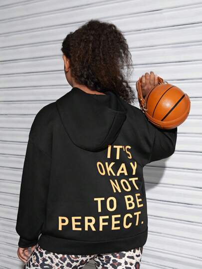 SHEIN Locker sitzender Kapuzenpulli für Tween Mädchen in erweiterter Größe, Buchstabendruck, langärmlig