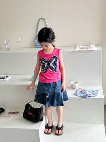 SHEIN 2pcs/Set Cute & Lively Girls Outfit: Fashion Casual Tank Top With Bow Applique + Denim Skirt, Suitable For Summer Commute & Daily Wear - Multicolor - View 4