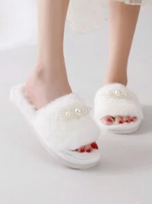 Fall/Winter Women's Plush Pearl & Fluffy Slippers, Indoor Casual House Slippers - White - View 3