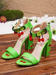 Màu Block Lá & Anh Đào Thêu Dây Đeo Mắt Cá Chân Giày Sandal Cao Gót Cho Nữ, Thích Hợp Cho Giải Trí Ngoài Trời - màu xanh lá - Xem 6