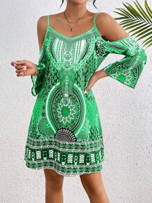 Breezaya Vestido casual de diario con hombros descubiertos y estampado aleatorio, atuendo de playa para vacaciones - Verde - Ver 3