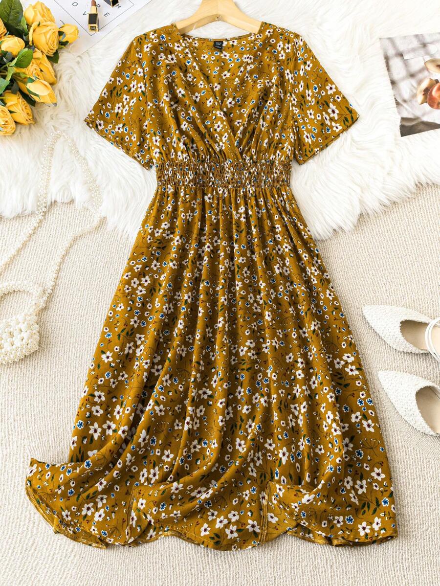 SHEIN Clasi Plus Size Women's Floral Print Wrap Waist Short Sleeve Dress Maxi Women Outfit - Yellow - View 1