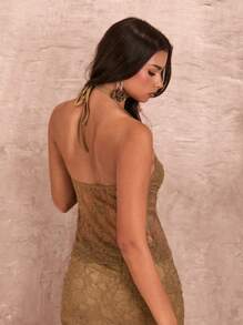 SHEIN BAE 女性夏季綠色純色褶皺無袖短上衣，高分裂側邊和3D花瓣裝飾，非常適合浪漫的海灘假期 - 棕色 - 查看 2