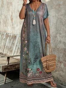 EMERY ROSE Plus Size Women's Summer Green Printed Long Dress,Vacation/Spring - Green - View 4