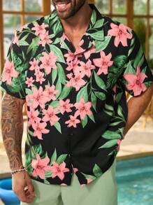 ResortEase Camisa de manga corta con estampado aleatorio para hombre de talla grande