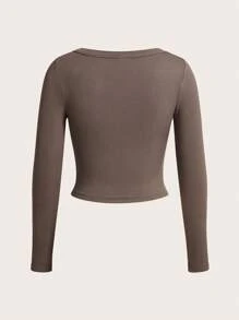 Slaydiva Basic Minimalist Women's T-Shirt For Fall/Winter, Tight-Fit Knitted Ribbed Top With Buttoned Large Round Neckline And Long Sleeves - E - Brown - View 3