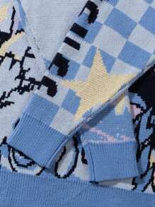 ANDREILEE Cartoon Character & Letter Graphic Ombre Print Casual Loose Fit Crew Neck Long Sleeve Knit Sweater, Suitable For Spring, Autumn, Winter - Blue - View 7