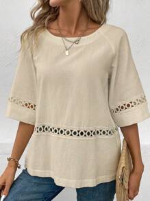 SHEIN LUNE Áo sơ mi tay Raglan rỗng thông thường - Màu be - Xem 7