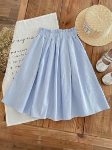 SHEIN LMoss Kids LMoss 年轻女孩宽松 A 字裙，带荷叶边下摆，百搭休闲中裙/半身裙，舒适透气的棉质面料，适合夏季穿着