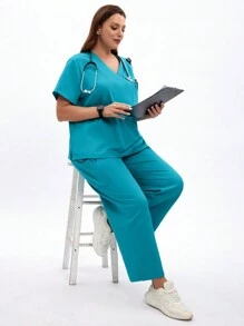 TaskEZ Plus Size Women Mint Blue Nurse Uniform Set, Including 1 Pocket V-Neck Scrubs Nurse Top And 4 Pocket Elastic Waist Scrub Pants With Drawstring Bac,Nurse Uniform Two Pieces Set - Green - View 5