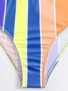 SHEIN Swim 女性條紋十字交叉綁帶性感比基尼套裝，夏季海灘必備，印花隨機 - 彩色 - 查看 4