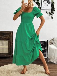 SHEIN Clasi Women's Solid Color Puff Sleeve Dress With Ruffle Hem, Summer - Green - View 4