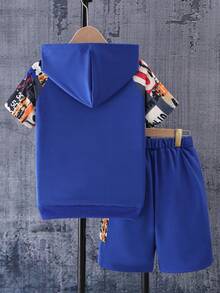 SHEIN トゥイーンボーイ夏のスローガンプリント ラグランスリーブ フーディー トップとカーゴショートスカジュアル2点セットアウトフィット - ブルー - チェックする 2