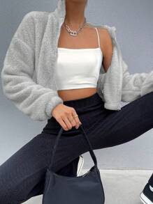 Chiquease Drop Shoulder Zip Up Teddy Jacket Fall Winter Cloth For Women - Grey - View 5