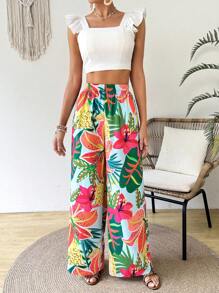 SHEIN VCAY Calças Casuais de Perna Larga em Estilo de Férias com Estampa de Planta Tropical para Mulheres - Multicolorido - Visão 4