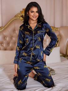 LuxeNights Leopard Print Contrast Piping Satin PJ Set / Pajama Set, Fall Clothes Cozy And Elegant Details, Winter - Navy Blue - View 6