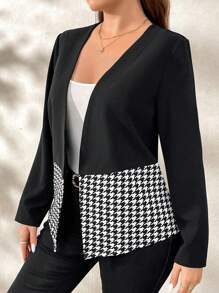 SHEIN Clasi Plus Size Business Jacket With Black And White Houndstooth Patchwork Design