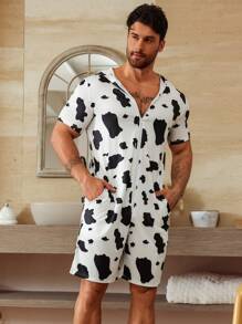 Men's Cow Print Hooded Short Sleeve Loungewear Romper - Black and White - View 4