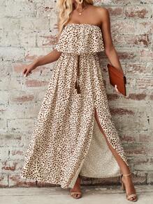 SHEIN LUNE 女士度假风格全印花连衣裙，配有开衩长裙，露肩超长女士服装 - 棕色 - 查看 6