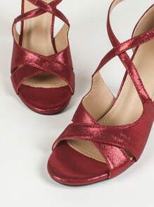 Plus Size Women's Red Latin Dance Sandals With Hollow Out And Chunky High Heel, Featuring Ankle Strap And Toe Strap - Red - View 6