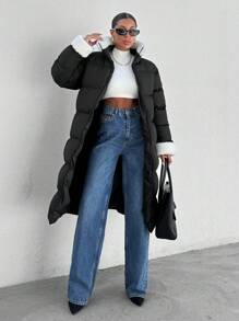 EURMUSE Furry Wrist And Neck Long Puffer Coat - Black - View 7