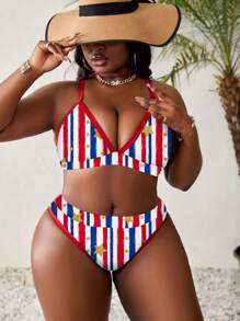 SHEIN Swim Curve 加大码夏季海滩条纹和星形美国国旗印花比基尼套装，7 月 4 日 - 彩色 - 查看 5
