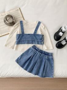 SHEIN 3-teiliges Modisches Tops-Set für Baby Mädchen, bestehend aus Denim-Träger-Top, Handtuch-besticktem Blumentop und niedlichem Denim Rock - Verschiedenfarbig - Übersicht 2
