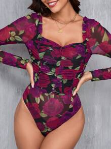 SHEIN Clasi 花卉圖案荷葉邊雞心領連身衣 - 彩色 - 查看 3