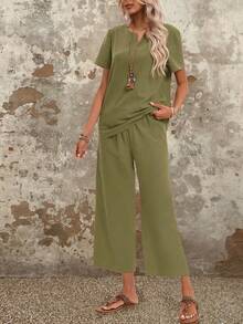 Ensemble 2 pièces en coton pour femmes de couleur unie simple et décontracté style vacances avec haut à manches courtes à encolure en V échancrée et pantalon large - Militaire verte - Voir 5