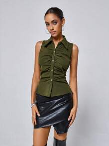 Aveloria Affinna 女性性感合身純色襯衫，無袖設計，帶褶皺和翻領