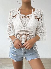 SHEIN Swim 针织镂空流苏下摆罩衫，适合度假休闲夏季 - 白色 - 查看 4