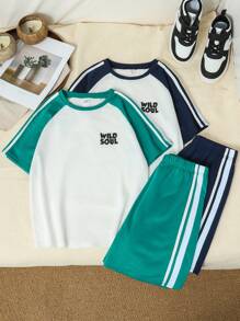 SHEIN Kids Tween Boy Korean Style Letter Print Color Block Sweatshirt And Shorts Multi-Piece Set (4pcs/Set),Black And White,Summer,Casual,Vacation Outfit - Multicolor - View 1