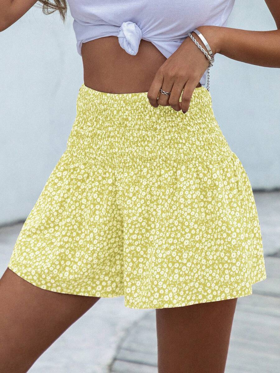 SHEIN VCAY Ditsy Floral Shirred Wide Leg Shorts - Yellow - View 1