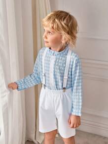 SHEIN 2pcs/Set Casual Plaid Collar Button-Up Shirt And Overall Shorts With Contrasting Sleeve Cuffs For Boys, Suitable For Parties - Baby Blue - View 6