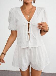 SHEIN VCAY Women's Summer Solid Color Front Tie Shirt And Shorts Set,Short Sleeve Shirt And Shorts Two-Piece - White - View 4