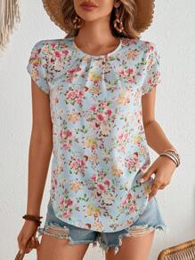 SHEIN VCAY Áo Sơ Mi Mùa Hè In Hoa Xếp Ly Cho Nữ Đi Nghỉ - Nhiều màu - Xem 5