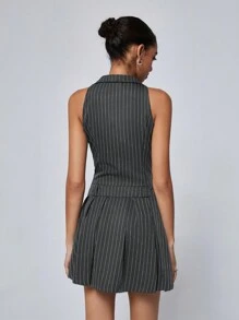 Aveloria GENKIRA French Chic Dress With Bellflowers Print, Vest Shape Top, V Neckline, Lapel, Pleats, Striped Pattern, Waist Belt, For Girls - Dark Grey - View 3