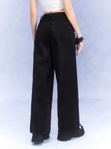 Corpse Bride | ROMWE Casual Dark-Tone Cartoon Printed Wide-Leg Jeans - Black - View 3