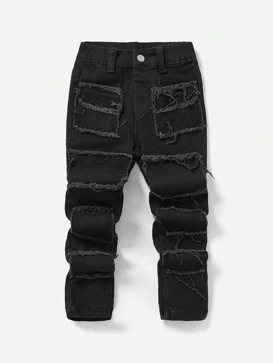 SHEIN Young Boy Ripped Washed Casual Jeans Black Cargo Jeanskids Black Jeansblack Jeans For Boys