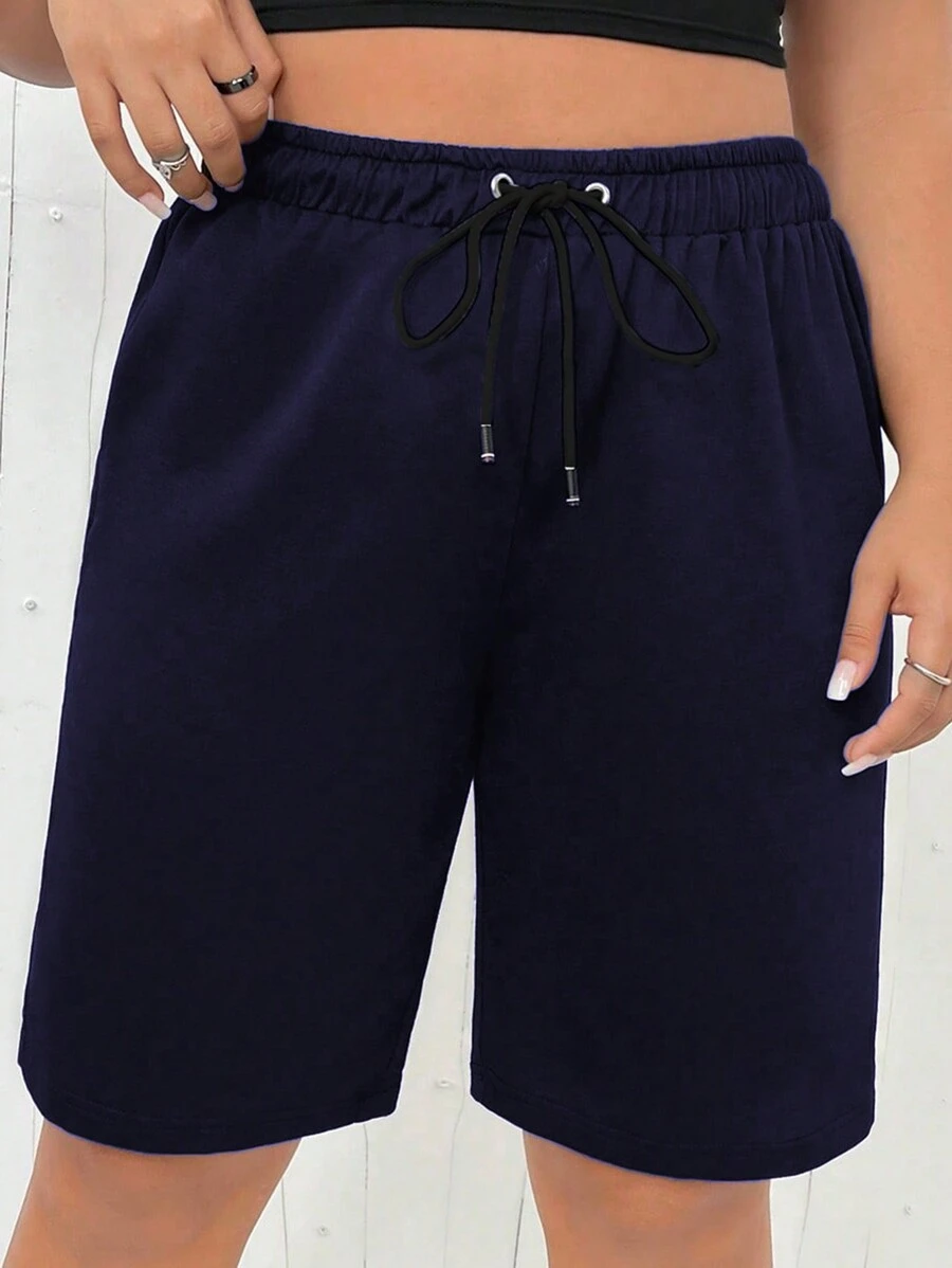 Flirla Plus Drawstring Waist Shorts For Summer - Navy Blue - View 1