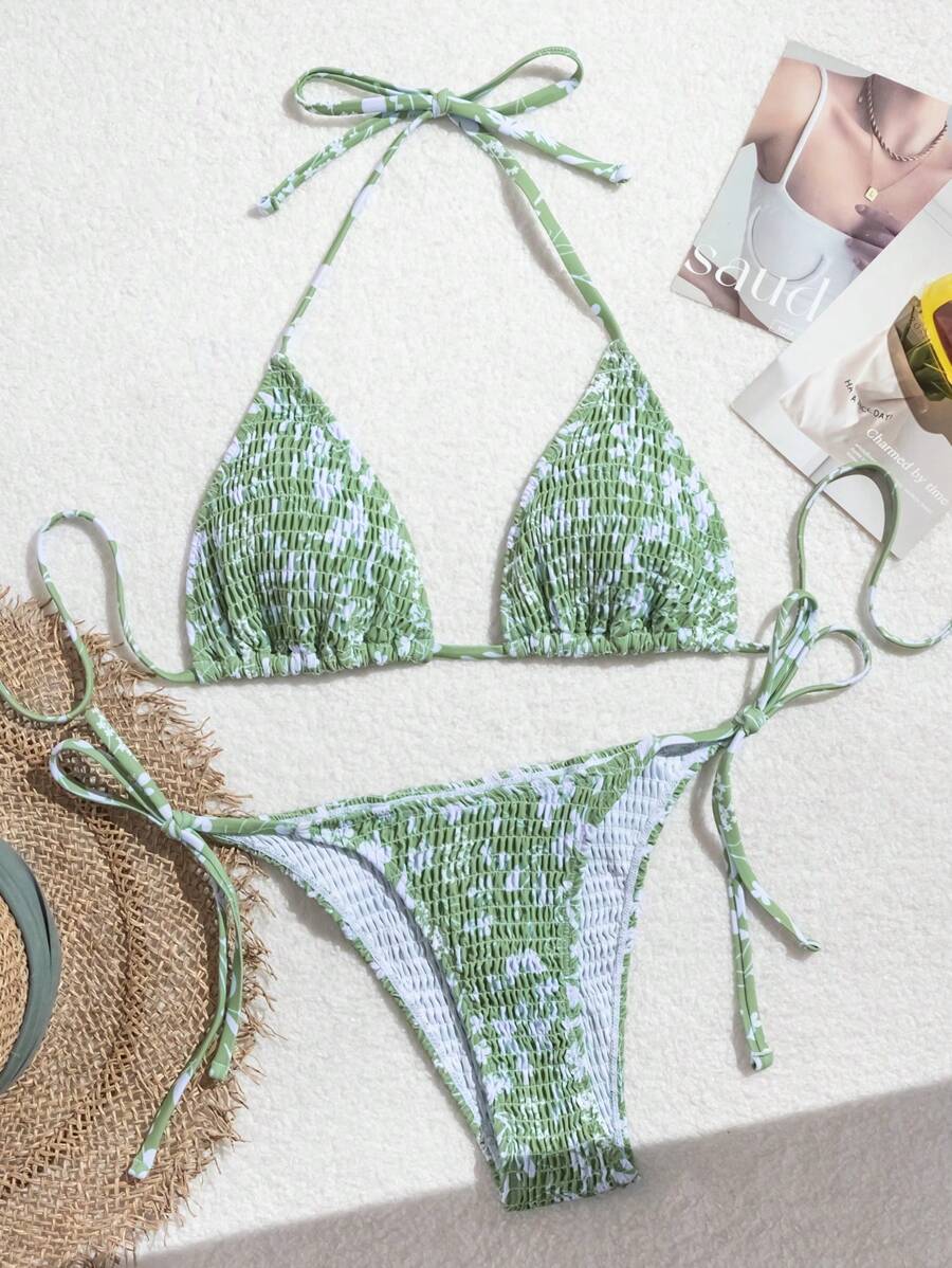 SHEIN Swim Bộ Bikini Đi Biển Mùa Hè Ditsy Họa Tiết Hoa Dây Buộc Cổ Bộ Bikini Gợi Cảm - Nhiều màu - Xem 1