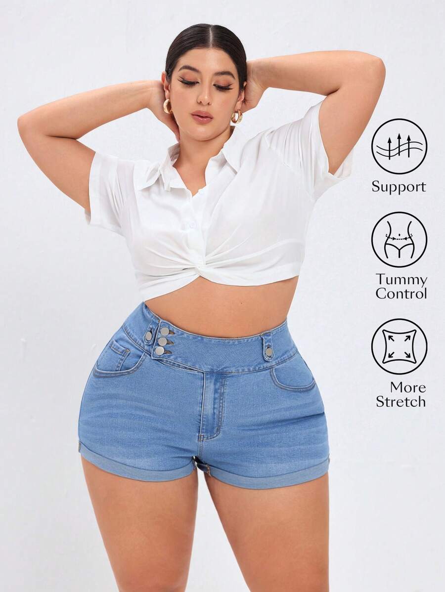 大尺碼女士時尚牛仔短褲，設有彈性腰部設計 - 藍色 - 查看 1