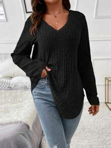 EMERY ROSE Camiseta de punto de cuello en V de unicolor talla grande - Negro - Ver 4