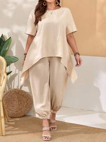 SHEIN CURVE+ Plus Size Women'S Short Sleeve Asymmetrical Hem Top And Bloomers Boho Khaki Two-Piece For Spring