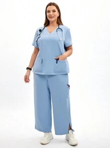 TaskEZ Damen Pflegeruniform Set in Große Größen mit V-Ausschnitt Stretch Top und Cargohose, Sommer 2-teiliges Pfleger Uniform Set mit Kurzarm Split Anzug, Pflegeruniform Zwei-Teiler - Blau - Übersicht 6
