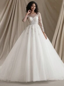 Ball Gown Wedding Dress Elegant Long Sleeve Bridal Dress,Bride - Beige - View 2