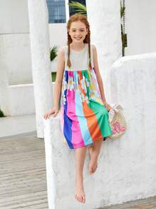 SHEIN Váy vest kiểu dáng thường ngày, in họa tiết hoa cầu vồng nhiều màu sắc, thích hợp cho bé gái tuổi teen, kiểu dáng đi nghỉ mát. - Nhiều màu - Xem 3