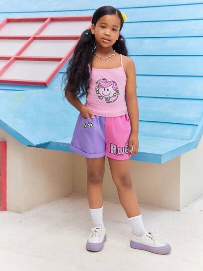 Mr Men Little Miss X SHEIN Tween Girl Cartoon Printed Pink Cute Cami Top & Two Tone Cuffed Hem Shorts Set